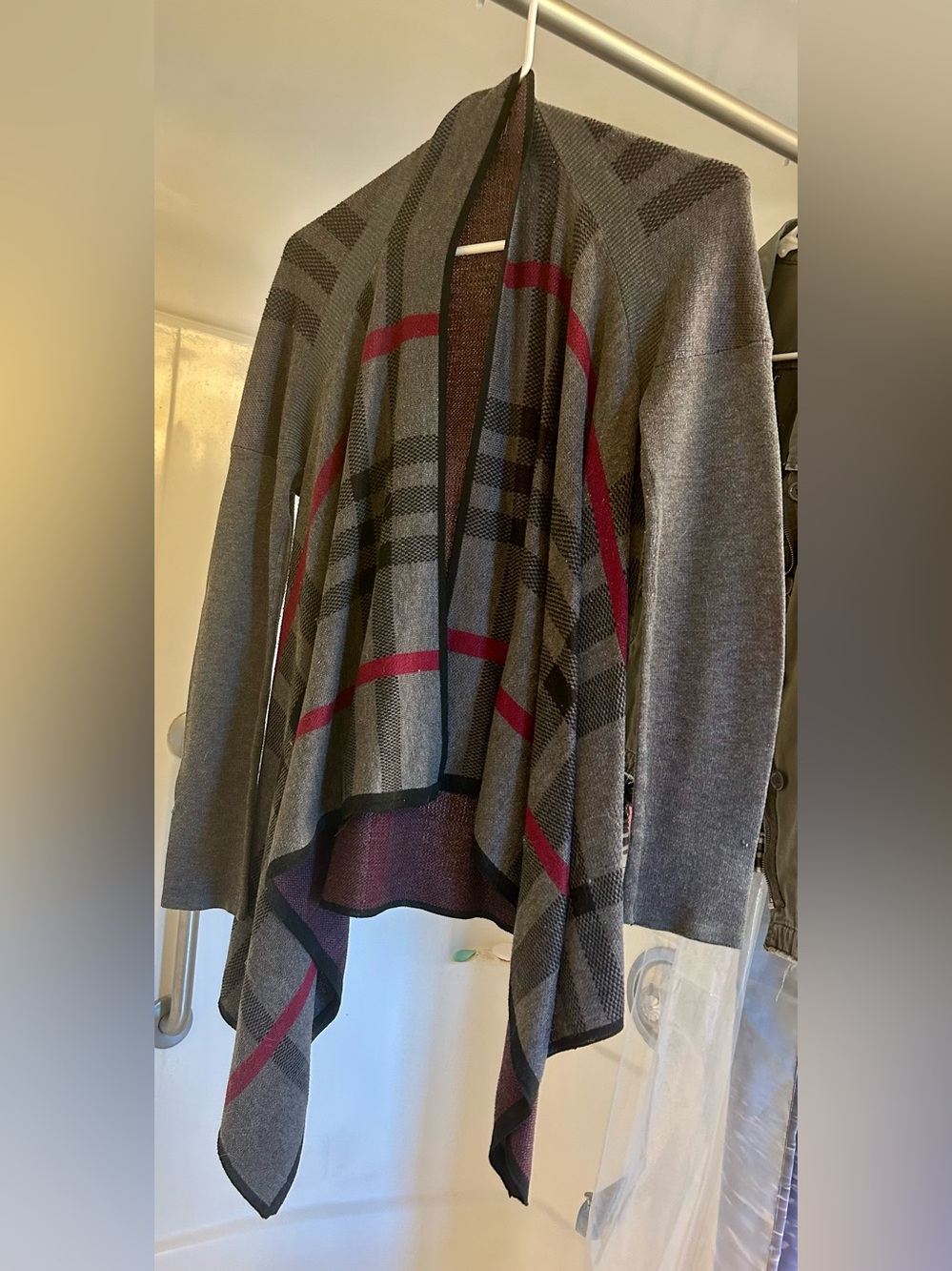 Women’s Gray Plaid Open-Front Draped Cardigan Poncho - Picture 9 of 10